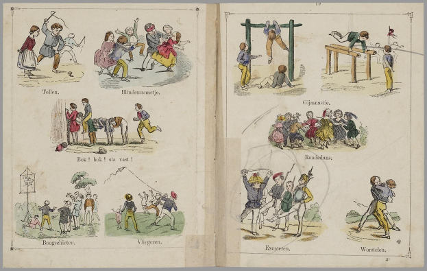 Offenes Buch mit illustrierten Szenen von Menschen, die laufen, springen und Ball spielen, jeweils begleitet von beschreibendem Text.