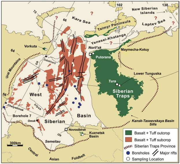Detailierte Landkartenposter des Mongolischen Reiches, das die Sibirischen Traps hervorhebt, einschließlich geografischer Merkmale wie Flüsse, Berge und Städte, mit begleitenden historischen und kulturellen Informationen.