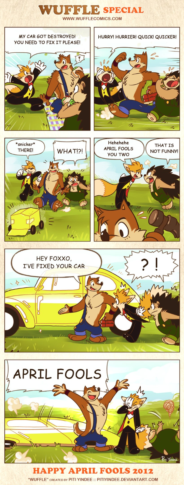 Comic-Strip-Plakat mit der Bezeichnung "April Fools", das einen Cartoon-Mann und eine Cartoon-Frau in einem Gespräch vor einem hellblauen Himmel mit weissen Wolken zeigt, wobei einer mit den Händen gestikuliert.