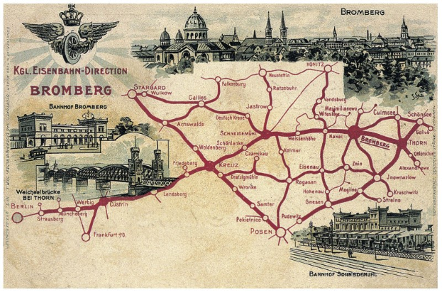 Detailierte Stadtplan-Karte von Bromberg, Deutschland, zeigt Straßen, Sehenswürdigkeiten, Gebäude, Bäume, eine Brücke und informativen Text über die Stadt.