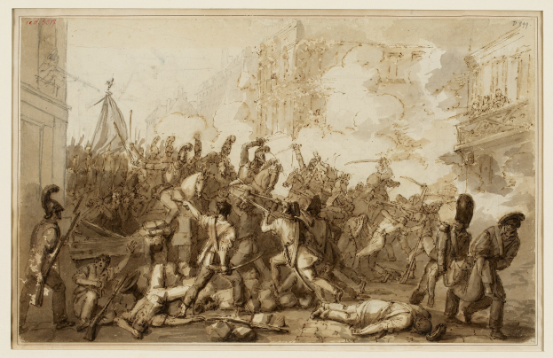 Chaotische Stadtkulisse mit bewaffneten Personen und hingestreckten Gestalten, Gebäude im Hintergrund und Text unten.