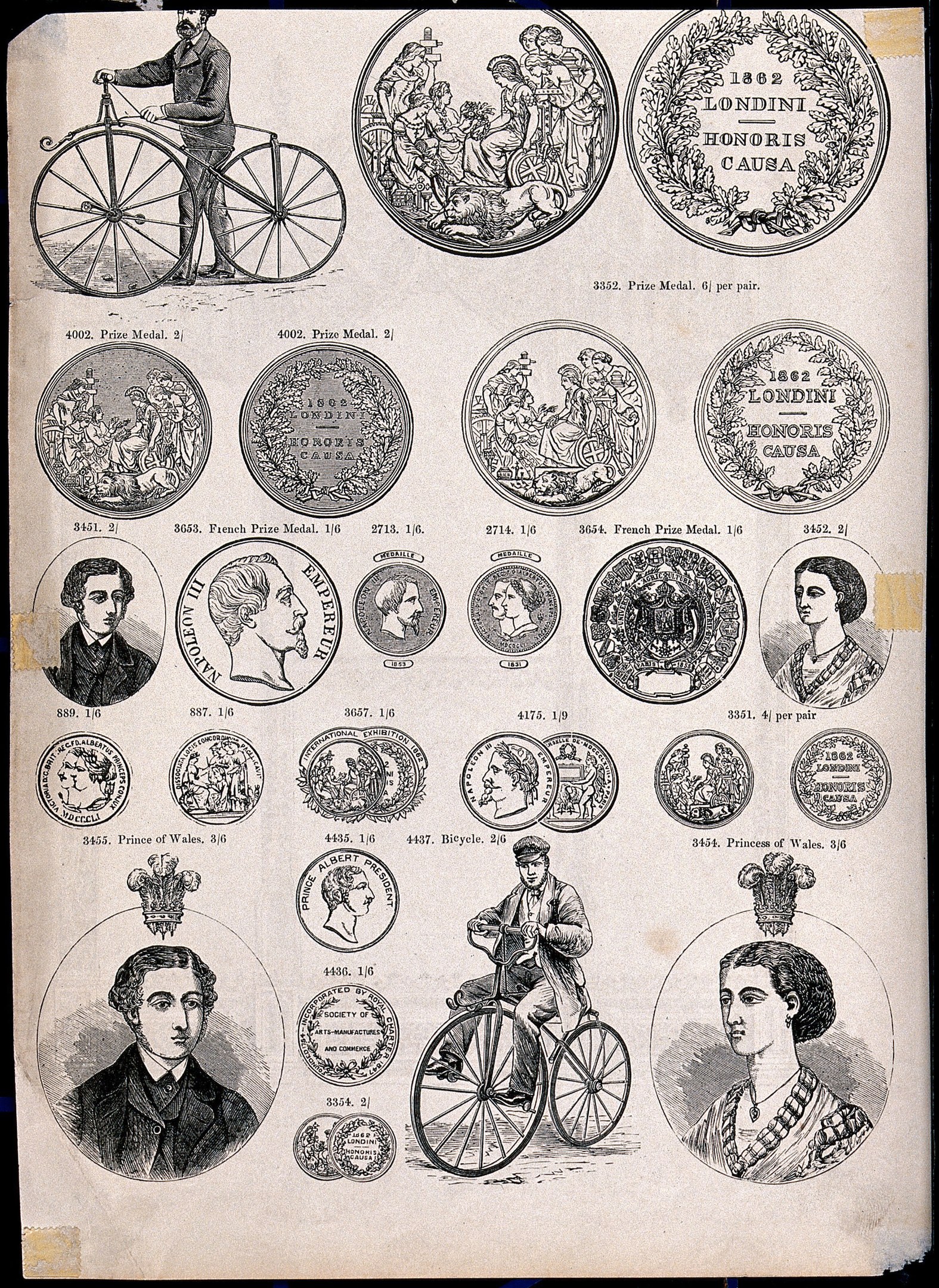 A vintage book featuring illustrated pages of people of various ages and genders riding brightly colored, intricately designed bicycles, accompanied by bold descriptive text.