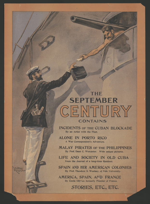 Plakat mit der Aufschrift "Der September-Jahrhundert enthält Vorfälle der kubanischen Blockade", das zwei Personen zeigt, von denen eine eine Schachtel hält.