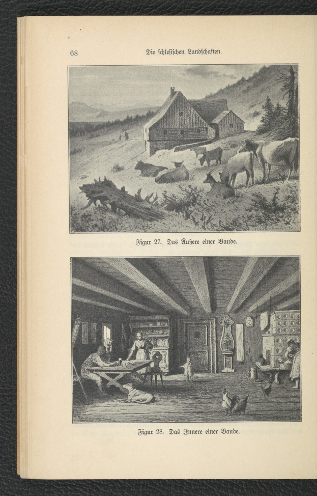Offenes Buch mit einer Illustration einer Farmszene, das Tiere, Häuser, Bäume, Hügel, Menschen und Text an der oberen Seite zeigt.