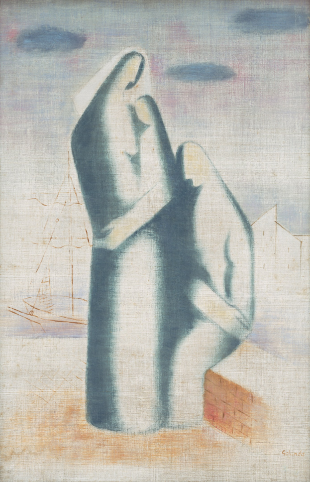 Gemälde eines Mannes und einer Frau, die sich in einer Bootsszene umarmen, gerahmt in einem klassischen Foto Rahmen.