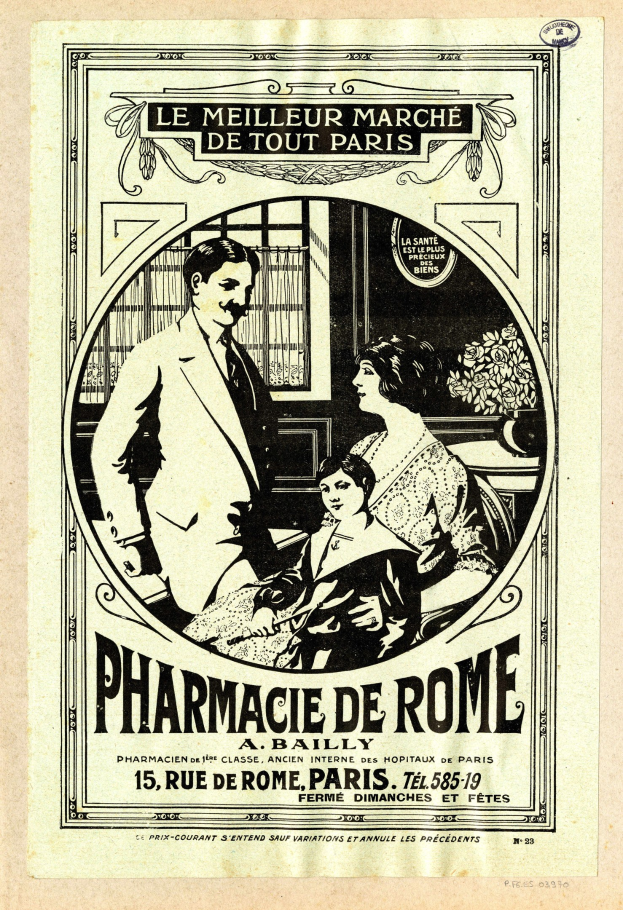 Schwarz-weiß-Werbung für eine Apotheke in Rom, die einen Mann und eine Frau nebeneinander zeigt, mit Text, der die Dienstleistungen der Apotheke beschreibt.