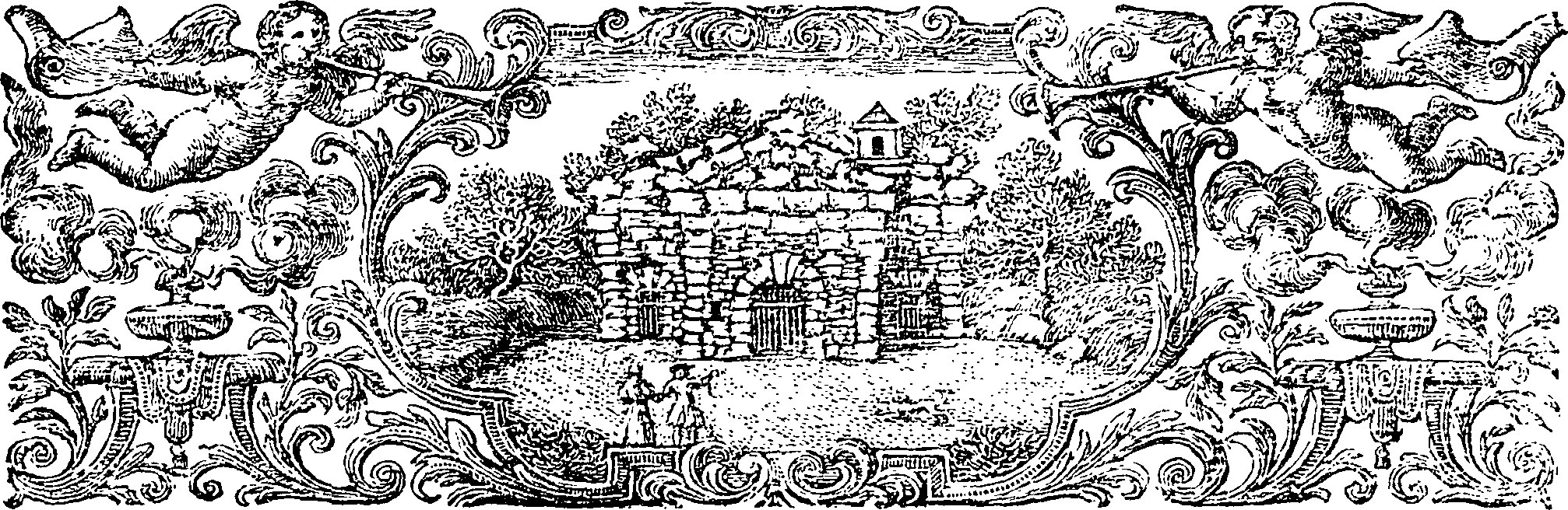 Schwarzes und weißes 18. Jahrhundert-Etikett einer Garten mit einem Schloss im Hintergrund, umgeben von Bäumen und Pflanzen.