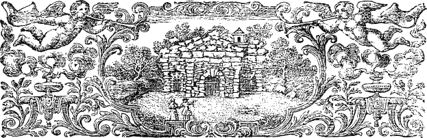 Schwarzes und weißes 18. Jahrhundert-Etikett einer Garten mit einem Schloss im Hintergrund, umgeben von Bäumen und Pflanzen.