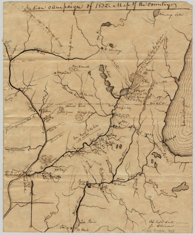Ein detailliertes altes Kartenmaterial der Indianerkampagne von 1832, das Straßen, Flüsse und geografische Merkmale zeigt, mit Texten, die Kampagnen Details bereitstellen.