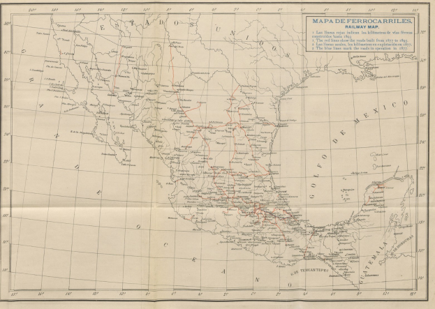 Detailierte Karte Mexikos, die den Weg der Mexikanischen Revolution zeigt, einschließlich Städte, Flüsse, geografische Merkmale und Entfernungen.