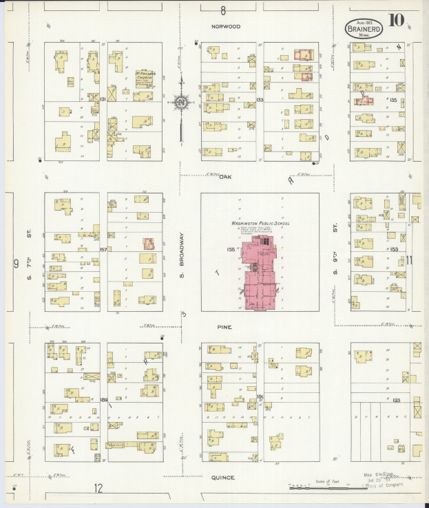 Alte Karte von San Francisco, Kalifornien, die das Layout der Washington Public School hervorhebt mit gedrucktem Text und Zahlen.