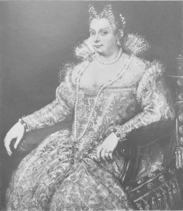 Schwarzes und weißes Porträt von Königin Elizabeth I. von England, die in einem Stuhl sitzt und ein hochgeschlossenes, langärmliges königliches Kleid trägt, mit ihrem Haar in einem ordentlichen Knoten und ihrem Blick zur Seite gerichtet.