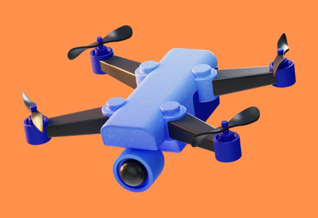 Ein kleiner blauer Drohne mit vier Propellern scheint in einem animierten Bild gegen einen orangen Hintergrund zu fliegen.