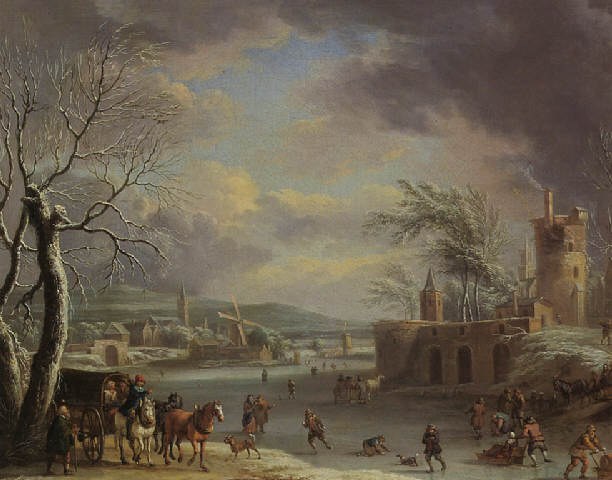 Eine winterliche Landschaft mit Figuren, die auf einem zugefrorenen Fluss Schlittschuh laufen, umgeben von Bäumen, Gebäuden, Hügeln und Wolken, mit Tieren und Karren, die über die Szene verteilt sind.