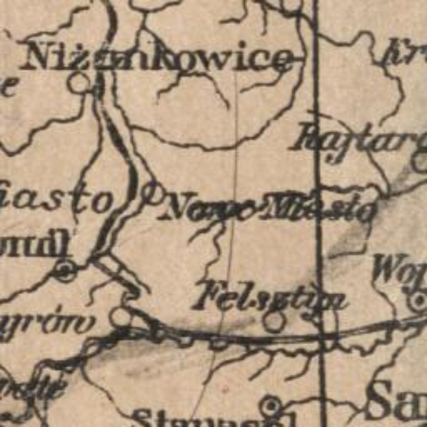 Detaillierte alte Karte von Nischni Nowgorod mit Straßen, Gebäuden und Sehenswürdigkeiten, mit Kursivtext in braunen und beigen Tönen.