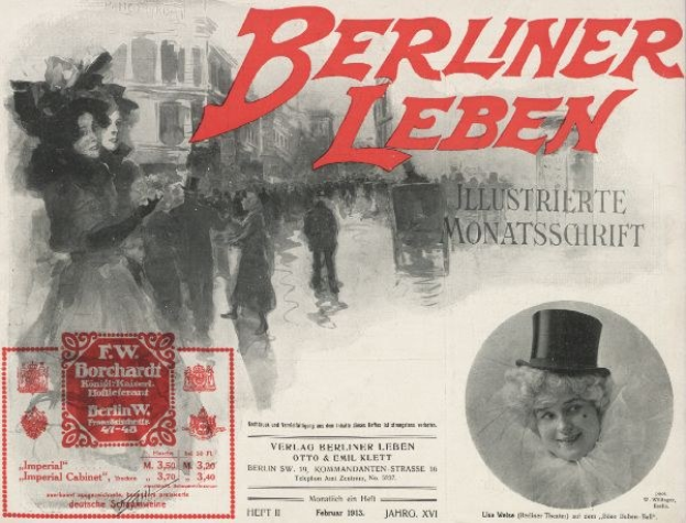 Advertisement for the Berliner Leben Theatre featuring a woman in a top hat and a man in a suit, with text, a stamp, people, and buildings in the background.