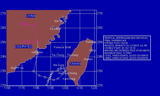 Karte des Pazifischen Ozeans, die den Weg von Tropischem Depression Nichole mit geografischen Merkmalen und Sturmdetails zeigt.
