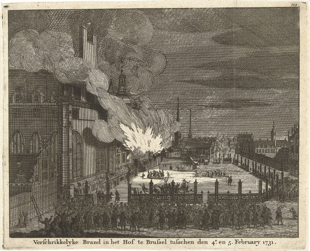 Black and white drawing of a city street with a fire in the center, surrounded by buildings, people, poles, and smoke, with text at the bottom.