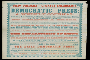 Paper with the text "Democratic Press: A Weekly Journal" printed on it, set against a black background.