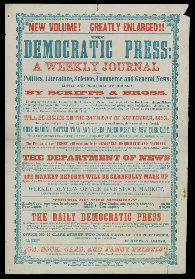 Paper with the text "Democratic Press: A Weekly Journal" printed on it, set against a black background.