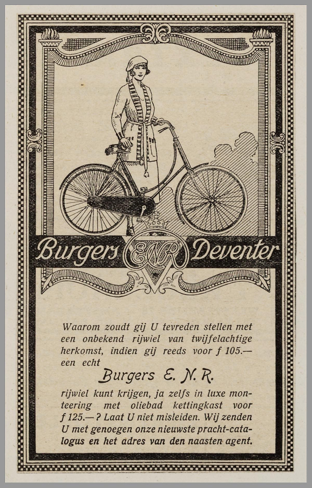 Frau auf Fahrrad in alter Werbung für Burgers Deventer, mit Text über die Eigenschaften des Fahrrads.