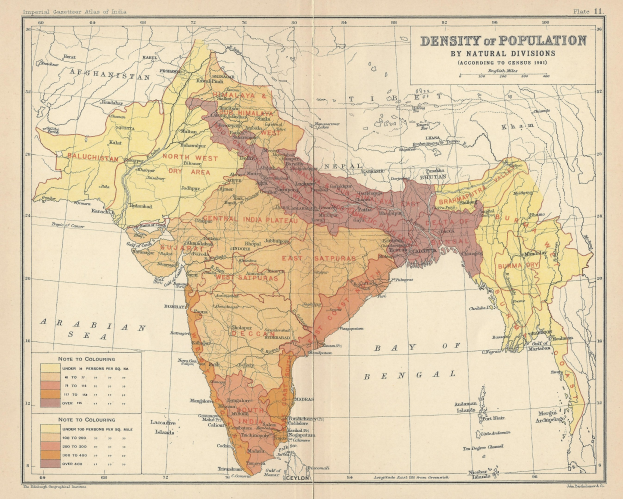 Alte Karte Indiens, die das Ausmaß des Indischen Reichs mit Bevölkerungsdichte-Daten und Textanmerkungen zeigt.
