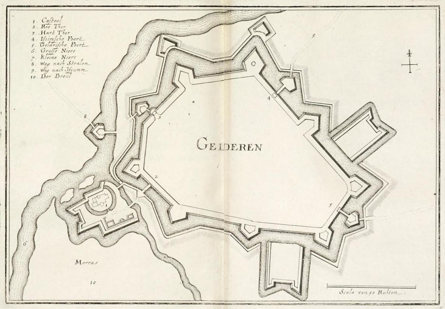 Detailed paper map of Gelderen, Germany, showing streets, buildings, and landmarks with handwritten text.