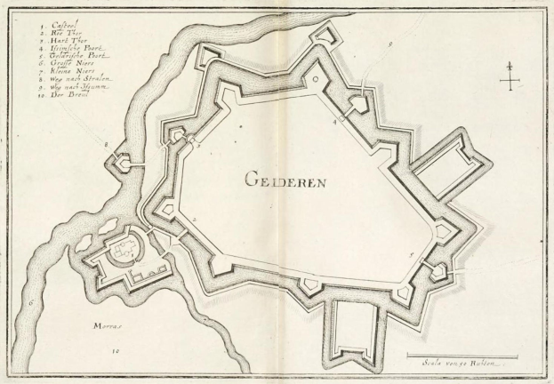 Detailed paper map of Gelderen, Germany, showing streets, buildings, and landmarks with handwritten text.