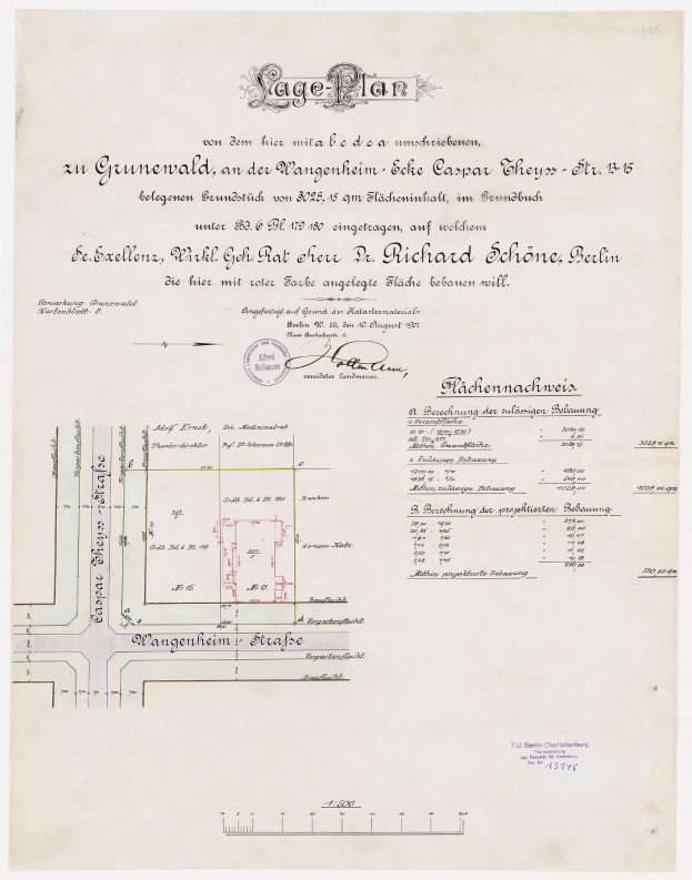 Detailreicher alter Stadtplan eines Berliner Parkplatzlayouts mit Text und einem Stempel.
