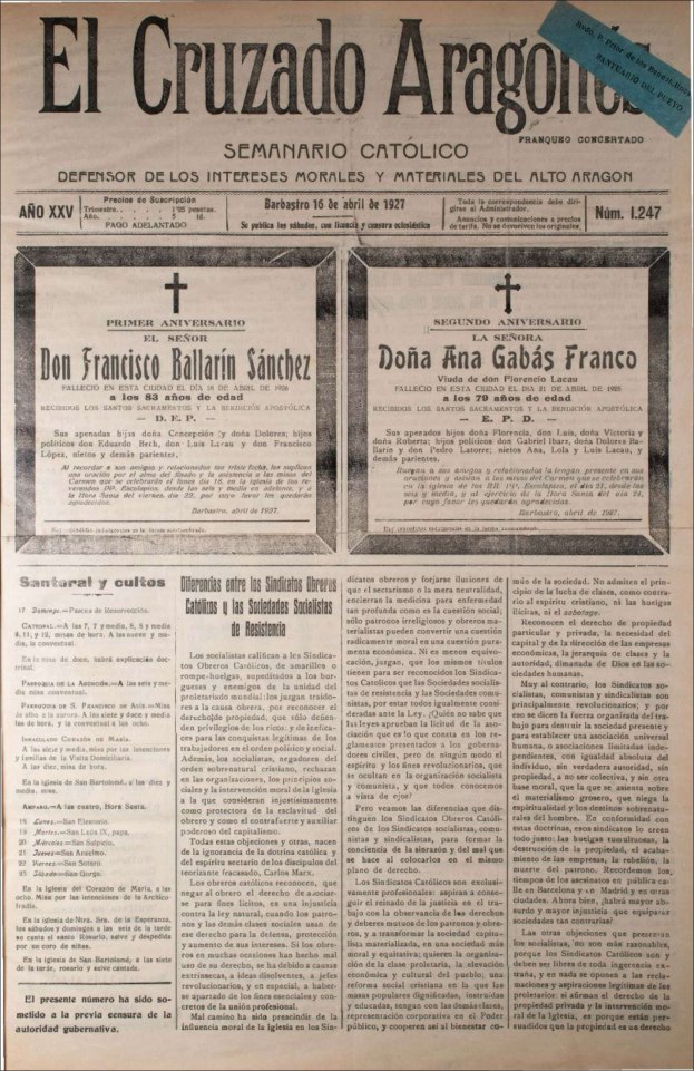 Front page of the aged, yellowed Spanish newspaper *El Cruzado Aragon* with cursive text, featuring the bold headline "El Cruzado Argentina" and a black-and-white portrait of a man in a suit below.