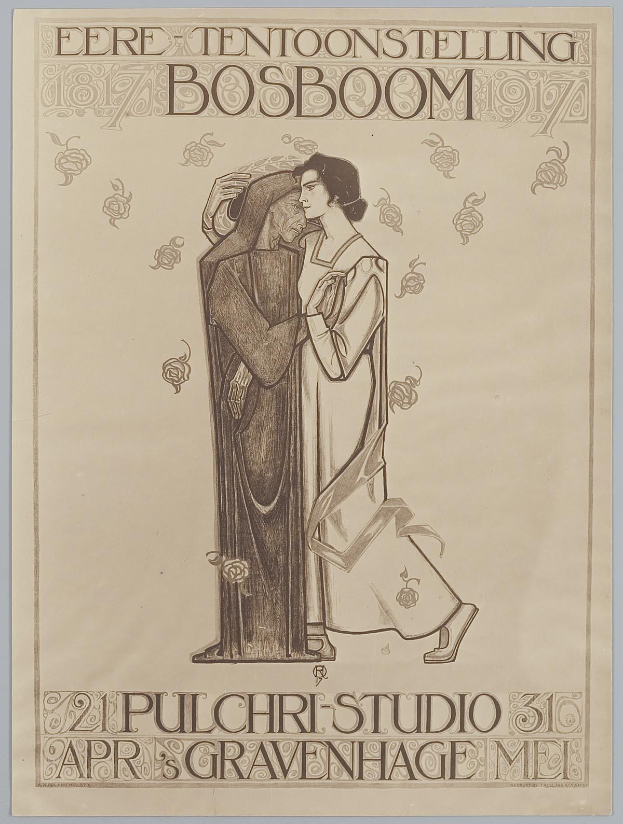 Ein Konzertplakat mit einem Mann im Anzug und einer Frau in einer Schürze, die nebeneinander stehen und ernste Gesichter machen, begleitet von Text, der das Ereignis beschreibt.