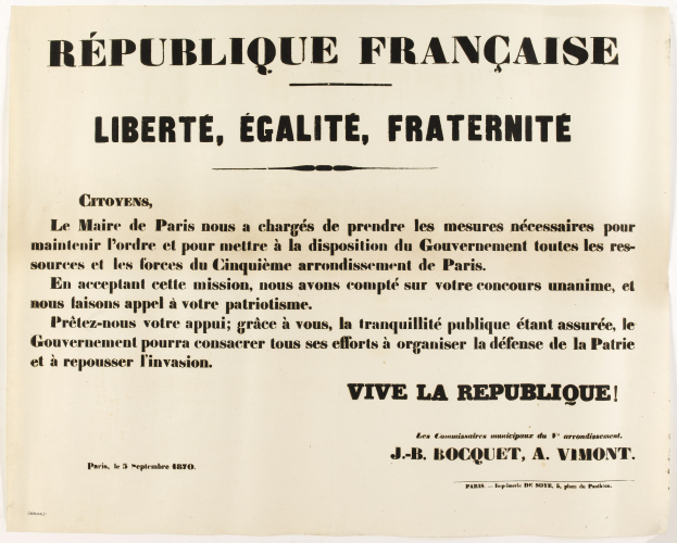 Old newspaper advertisement for the Republic of France with "Liberté, Égalité, Fraternité" in bold black text on yellowed paper against a light blue background.