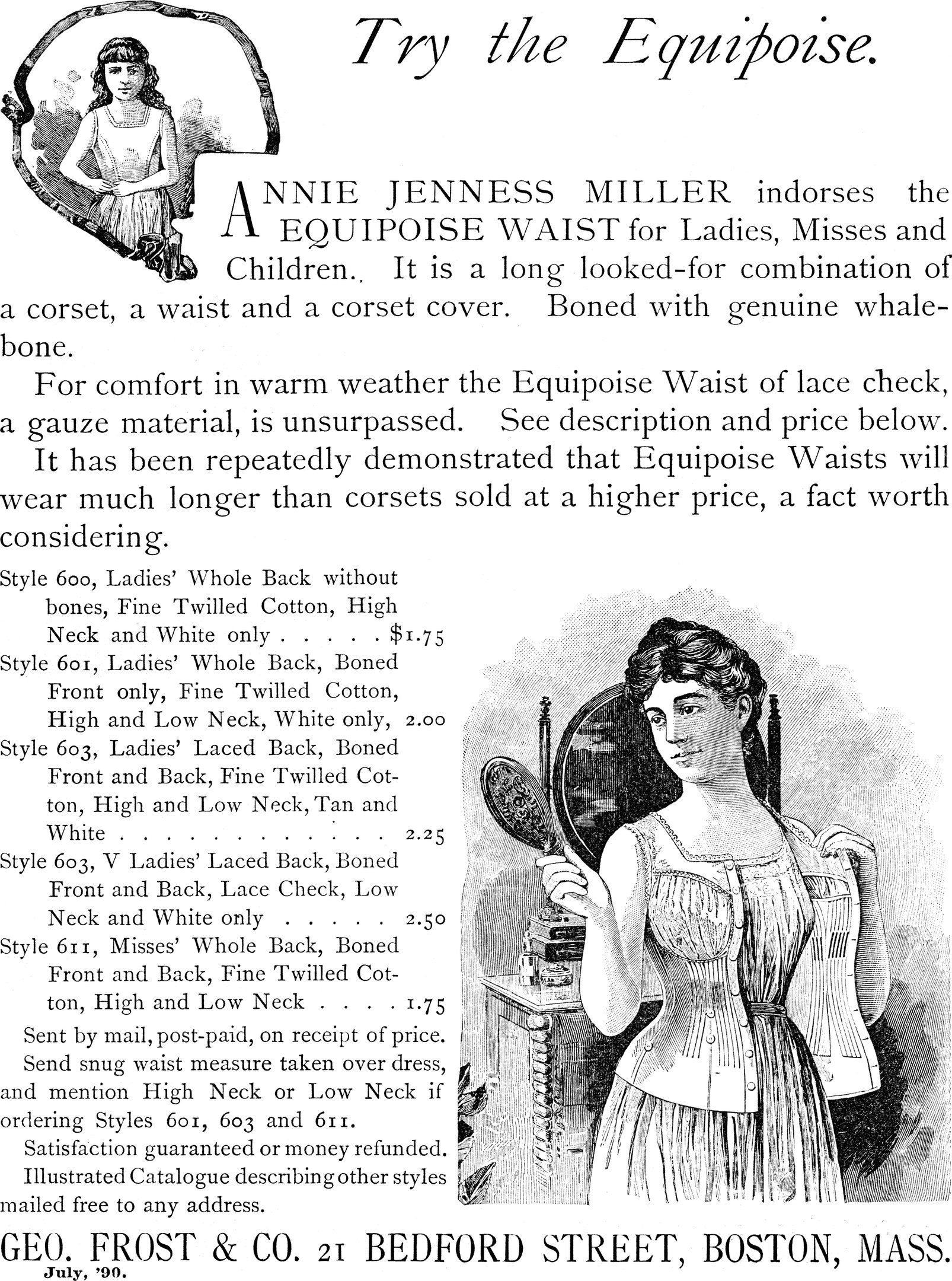 Anzeige für Annie Jenness Millers Equipment Waist für Damen, zeigt eine Frau, die einen Spiegel hält mit Text, der das Produkt beschreibt.