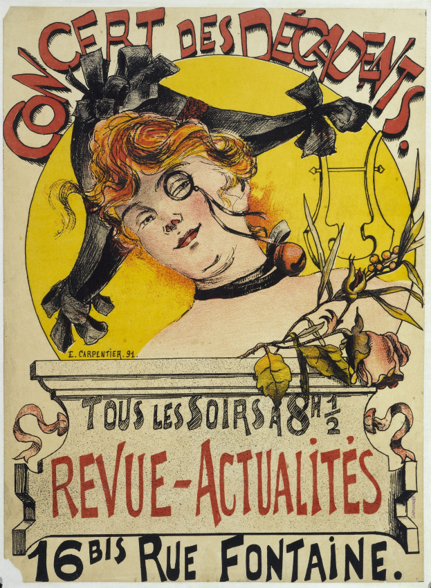 Poster for a Decadents concert featuring a woman with a human face and text about the event.