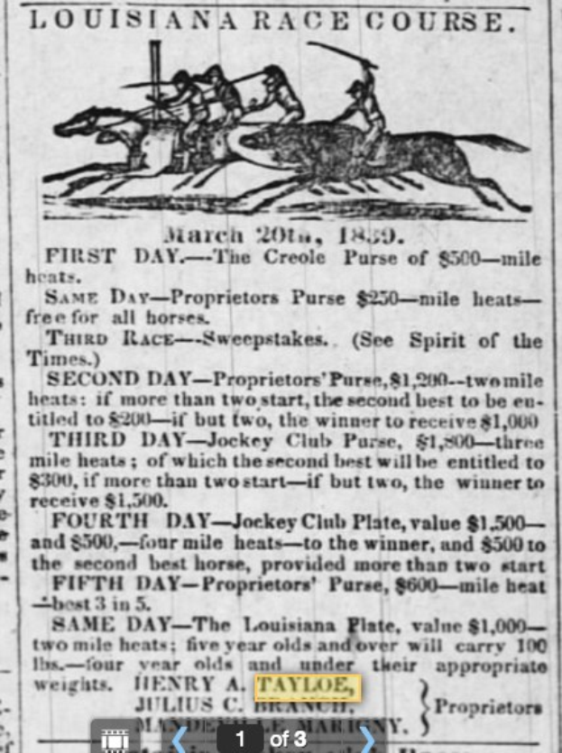 Zeitungsannonze für die Louisiana Race Course mit einem Pferd und Jockey in der Mitte, Text 'Louisiana Race Course' und ein Barcode unten.