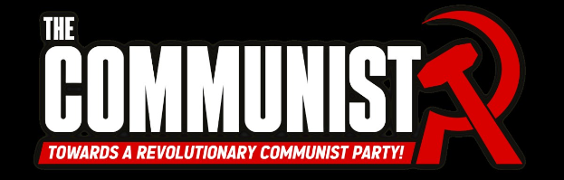 Ein Plakat mit fetter, schwarzer Schrift "Der Kommunist Auf einen revolutionären kommunistischen Partei" auf einem weißen Hintergrund, eingerahmt von einem roten Rand und versehen mit einem Hammer und Sichel-Logo.