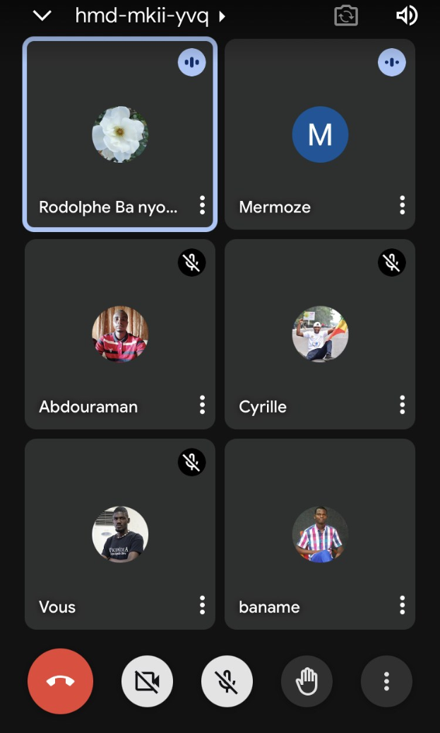 Ein Smartphone-Bildschirm, der einen Videoanruf in der Google Assistant-App anzeigt, zeigt mehrere Teilnehmer, Text und appbezogene Symbole.
