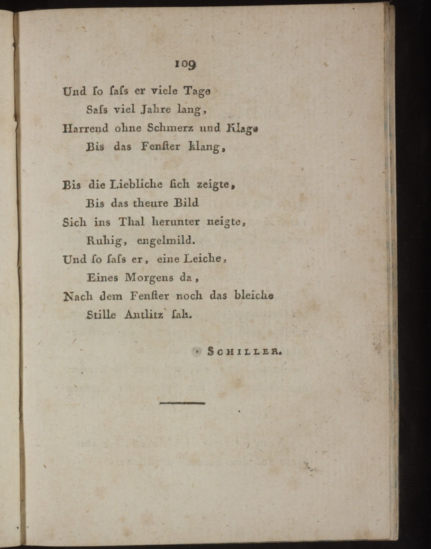Open book with black background titled "Schiller, Johann Wolfgang von Schiller" displaying the likely title of a poem on its page.
