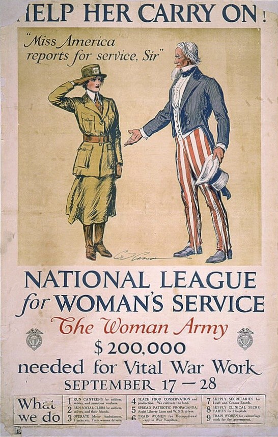 Plakat für den Nationalen Verband für Frauenhilfe mit zwei Personen, die nebeneinander stehen und Textinformationen über die Organisation.