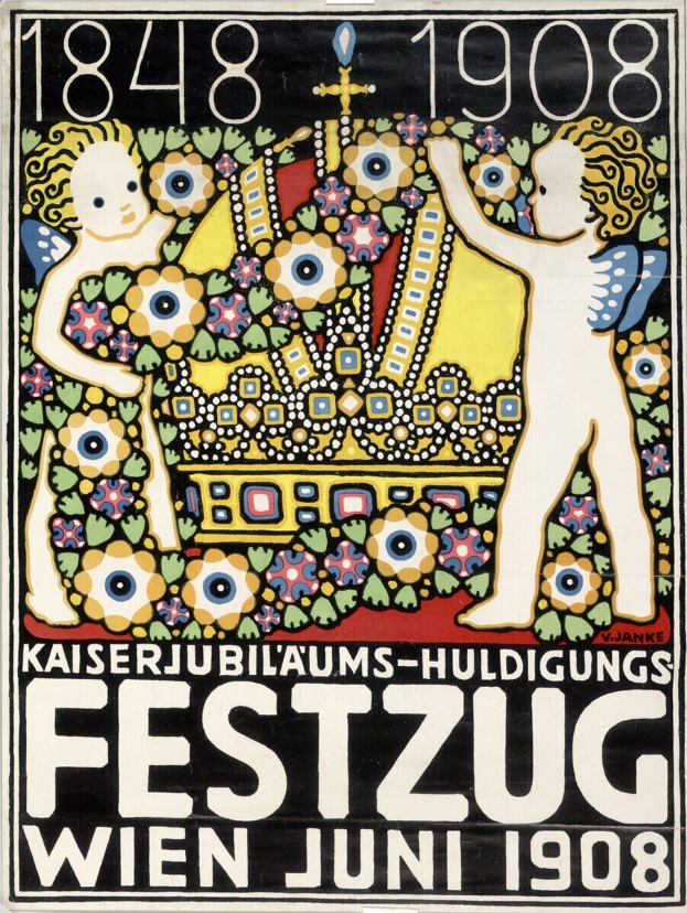 Plakat für ein Wiener Festival mit einem Gemälde von einem Jungen und einem Mädchen, die nebeneinanderstehen und sich umarmen, sowie Text mit Festivaldetails.