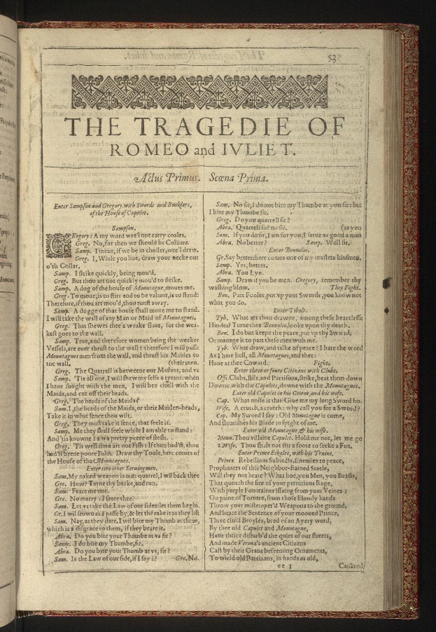 Offenes Buch mit der Aufschrift 'Die Tragödie von Romeo und Julia' auf dunklem Hintergrund, das eine melancholische Stimmung vermittelt.