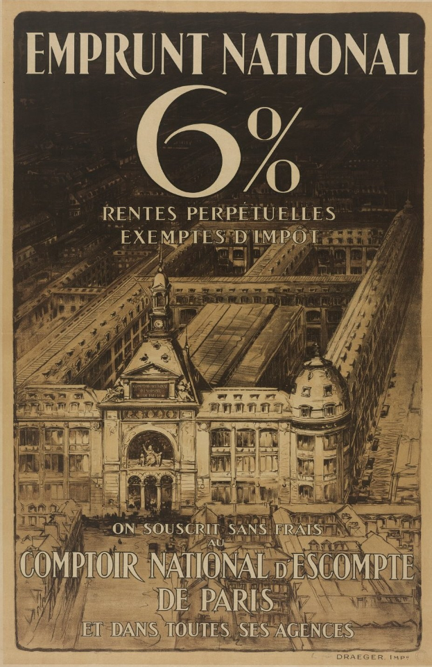Plakat mit einem hellblauen Hintergrund, das ein zweistöckiges Gebäude mit einem roten Dach und weißen Wänden zeigt, und zentrierter fetter schwarzer Schrift, die "emprunt national 6% - rentes perpetuelles exemptes impot" liest.