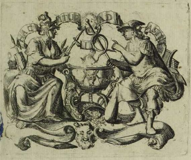 Schwarz-weiß-Zeichnung von zwei Personen, die an einem Tisch mit einem Topf in der Mitte sitzen, auf Papier mit teilweise sichtbarem Text.