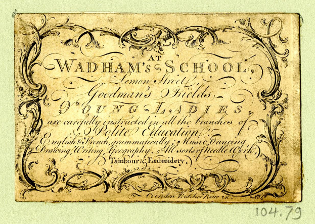 Alte Visitenkarte für Wadham's School mit detaillierten Designs und Zahlen.