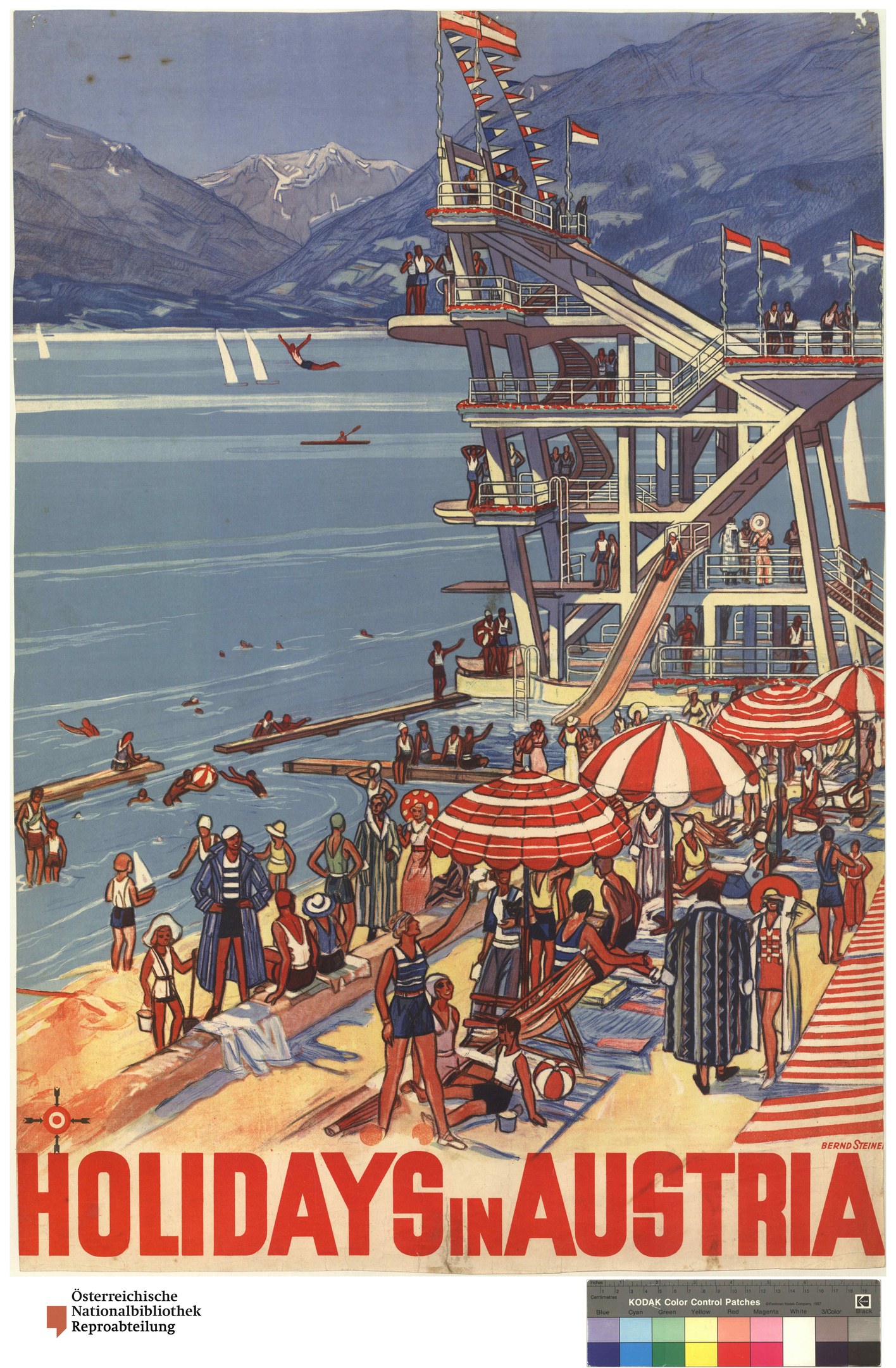 Plakat, das Ferien in Österreich bewirbt, zeigt Menschen am Strand mit Schirmen, ein Schiff im Hintergrund, Fahnen und ferne Berge.