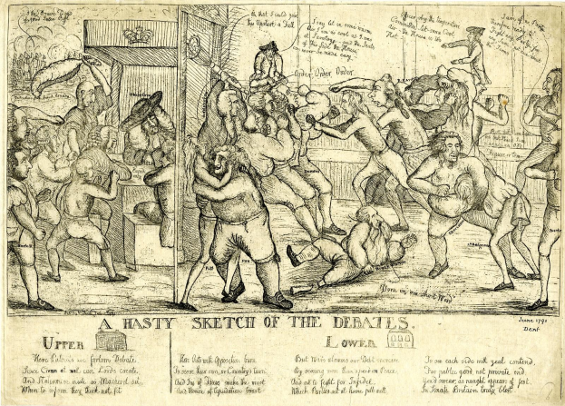 A sketch on paper depicting a chaotic and intense debate among people, filled with detailed drawings and text.