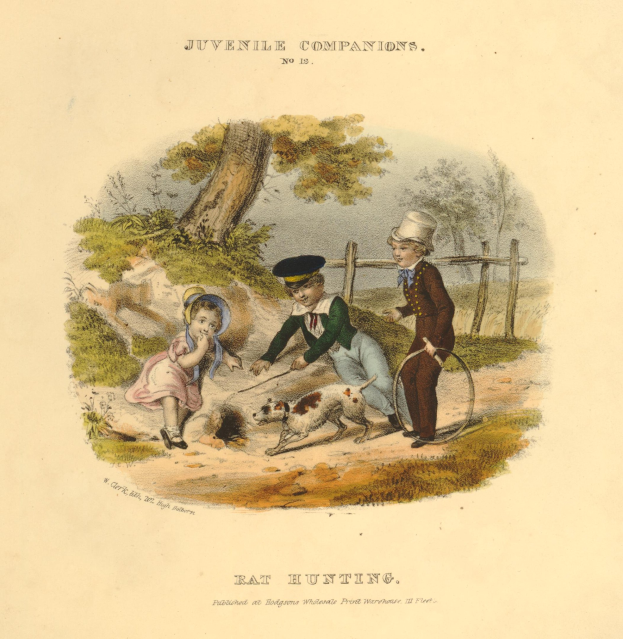 Zeichnung von drei Kindern, die mit einem Hund in einem Park spielen, umgeben von B├Ąumen, Pflanzen und einem Zaun, mit Text unten.