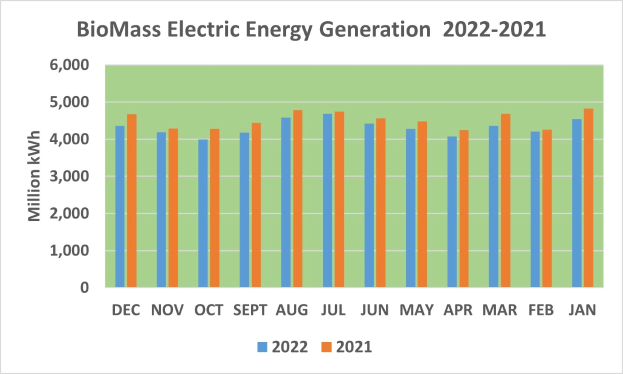 Liniengraph, der die Stromerzeugung aus Biomasse von 2011 bis 2021 zeigt, mit begleitendem erklärendem Text.