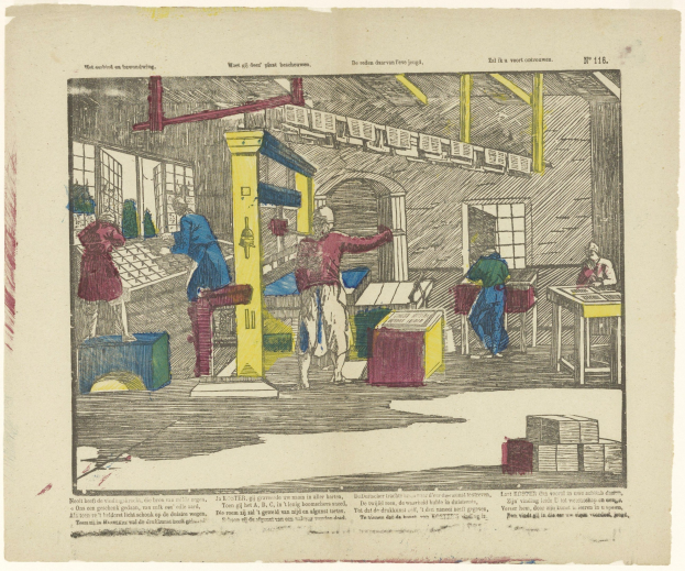 Eine Zeichnung eines Fabrikinneren mit Arbeitern, die Maschinen bedienen und an Tischen arbeiten, mit Fenstern und verschiedenen Gegenständen, sowie Text unten.