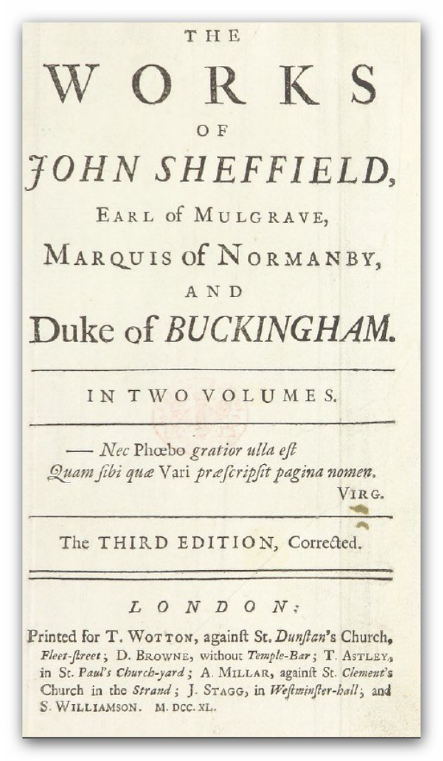 Titelblatt eines Buches mit dem Titel "The Works of John Sheffield, Earl of Mulgrave, Marquis of Normanby, Duke of Buckingham."